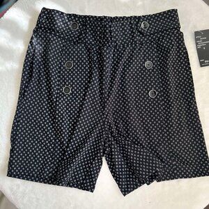 Women's Black & White Flower Dressy Shorts with Buttons, Pockets & Elastic Waist